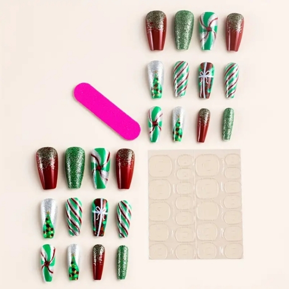 24pcs Red & Green Sparkling Christmas Press-On Nails Set - Picture 3 of 6
